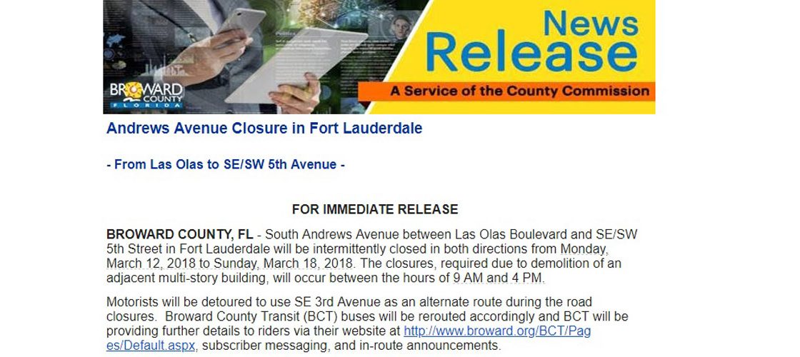 Detour Planned for Next Week; Will Affect Central Courthouse Access via Andrews Avenue