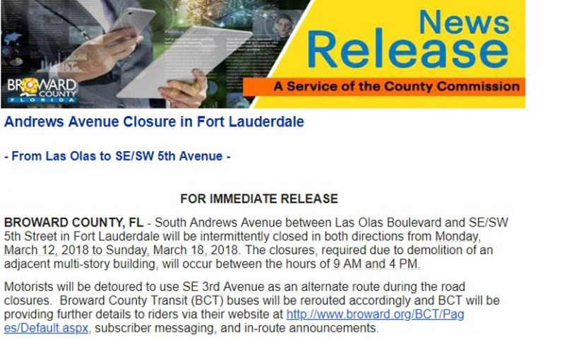 Detour Planned for Next Week; Will Affect Central Courthouse Access via Andrews Avenue