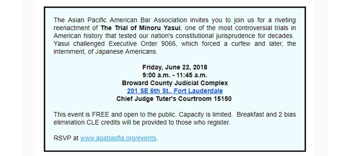 Asian Pacific American Bar Association of S. FL to Present “The Trial of Minoru Yasui” Reenactment